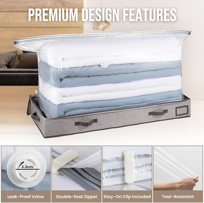 TAILI Under Bed Vacuum Storage Bags for Comforters and Blankets, Save 80% Space, Large Capacity Foldable Cationic Storage Box for Quilts Pillow Blankets Linen, 41" x 17.7" x 6", Jumbo Vacuum Seal