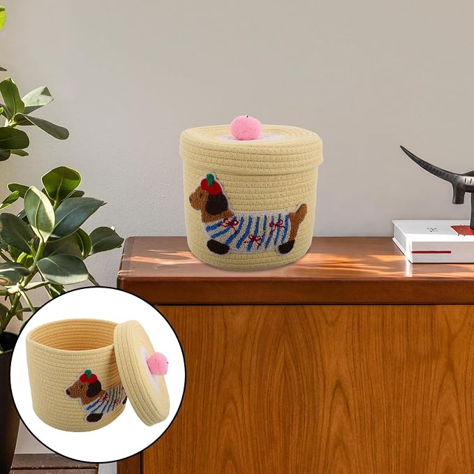 Milisten Cute Dog Shaped Car Storage Basket with Dustproof Lid, Large Capacity Woven Cotton Rope Organizer for Pet and Items, for Car Interior Use