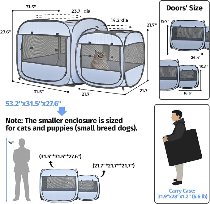 2-in-1 Portable Cat Playpen(Front Doors), Pop up Kitten Playpen, Assembly-Free, Pet Tent Crates Kennel Cage Enclosure for Dog Puppy Indoor Outdoor(No Divider, Unified Space)