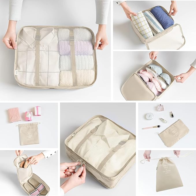 LANSKLBD 6/8 Set Packing Cubes for Suitcases Travel Luggage Packing Organizers,Travel Accessories Essentials Luggage Organizer with Shoe/Tioletry/Laundry Bag (Beige, 8 set)