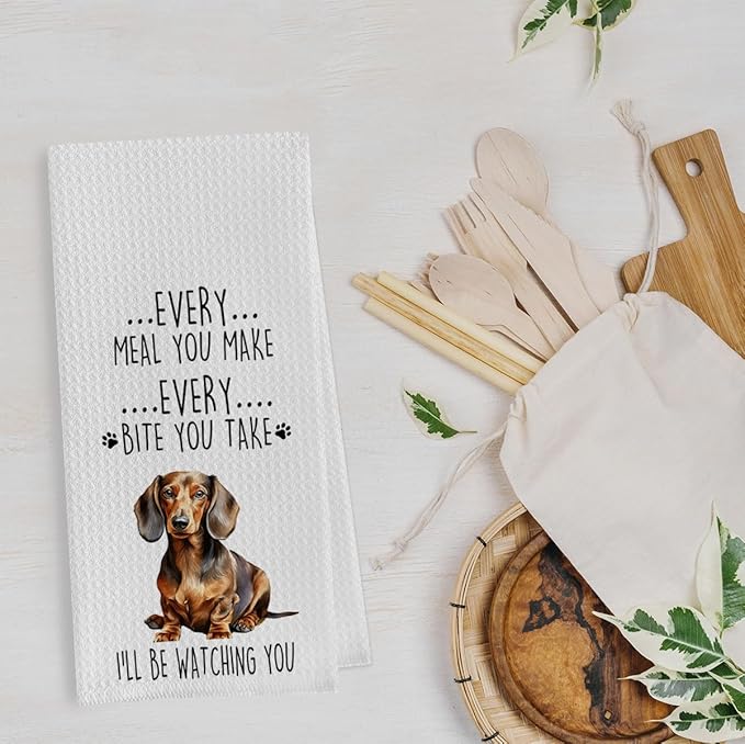 Funny Dachshund Dish Towels Set - Dachshund Gifts Waffle Weave Kitchen Towels, Wiener Dog Decorative Hand Tea Towels for Bathroom Kitchen, Wiener Dog Gifts for Women (16×24 Inches Set of 2)