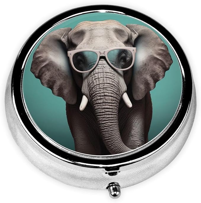 Round Pill Box Elephant with Glasses Pill Case for Purse & Pocket 3 Compartment Pill Organizer Portable Travel Pillbox Medicine Pill Holder Container for Daily Vitamin Cod Liver Oil Storage