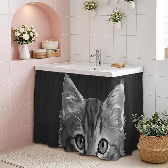 Black Cat Small Sink Skirt 10"Wx11"L, Dustproof Under Sink Curtain with Self Adhesive Tape, Cute Pets Eyes Fur Vintage Oil Painting Cabinet Curtain Cover for Bathroom Vanity, Kitchen Storage Shelf, RV