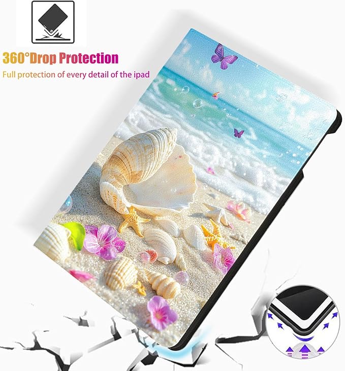 for Microsoft Surface Pro X/Pro X Plus-13 2019/2020/2021/2024 Tablet Case,Auto Wake/Sleep,Adjustable Stand Protective Cover - Seashell Beach