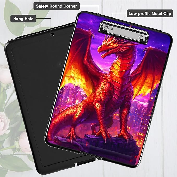 Heavy Duty Storage Clipboard, Slim Nursing Clipboard with Internal Pen Case, Portable File Organizer Case for A4 Letter Size Paper Office Medical Professionals, Purple Red Dragon
