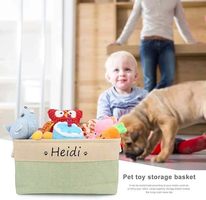 Personalized Dog Toy Storage Basket Bin Collapsible Customized Pet's Name Storage Box Organizer for Dog Toys、Dog Clothing、Dog Apparel & Accessories(Green-M)
