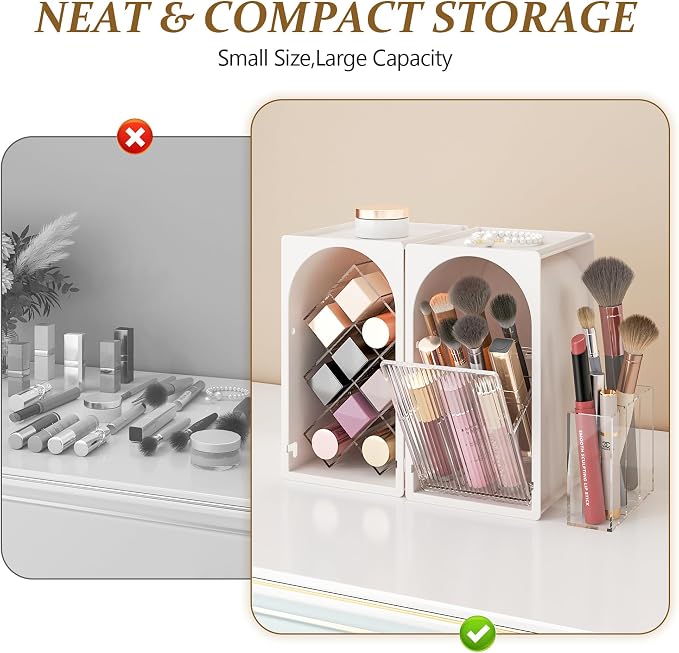 FOLLOWIN Compact Makeup Organizer Set, Bathroom Counter Organizer | Makeup Brush Organizer, Lipstick Holder with Grid, Flip Drawer, Store Lipsticks, Brushes, Milk White