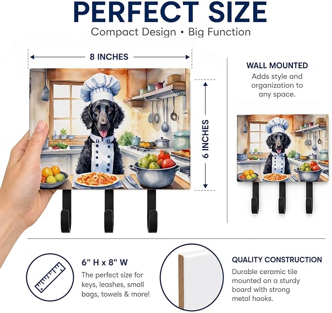Caroline's Treasures Curly-Coated Retriever The Chef Leash or Key Holder Wall Hooks, Key Hooks Holder, Coat Rack Wall Mount, Coat Hooks, Hooks for Hanging Keys, Towels, Aprons, Leashes | Curly-Coated Retriever The Chef artwork on ceramic tile with thre...