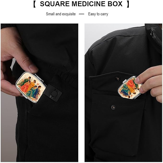 Elegant Women in Traditional Sarees Two Compartment Pill Box Medicine Organizer, Portable Pill Case with Secure Snap Closure for Vitamins Medication Supplements Daily Use