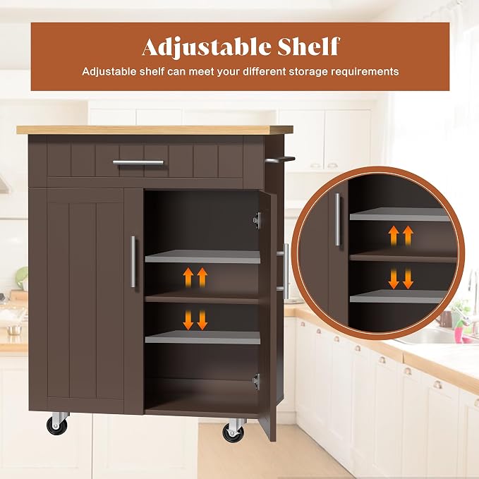 JY QAQA 26" Kitchen Island on Wheels with Storage Cabinet Kitchen Cart Cabinet with Shelves, Cart Handle for Towel Rack or Free Mobility, Portable Islands for Kitchen,Brown