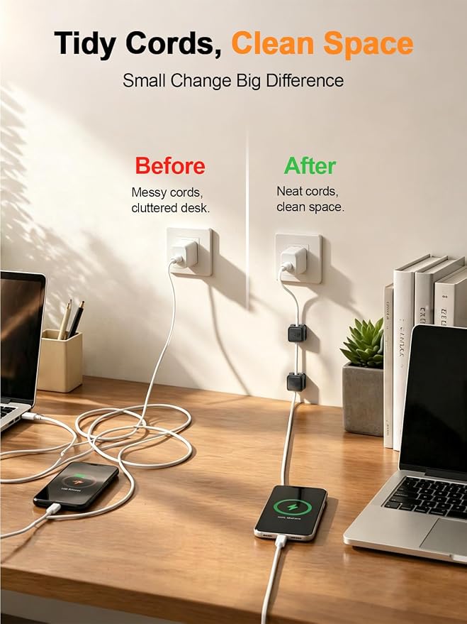 9 Pack Cord Organizer, Magnetic Cable Clips, Under Desk Management, Black | 0.27in Cable Compatible,Strong Adheive Wire Holder Keeper,Easy Open Phone Charger Holder for Home Car Desk Nightstand Office