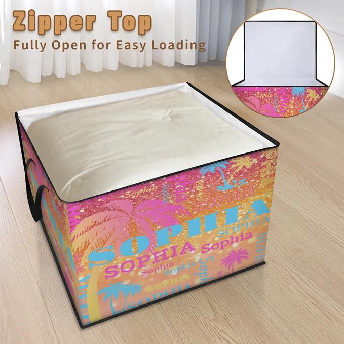 Custom Name Large Clothes Storage Organization with Lids, Tropical Palm Trees Bedding Clothes Storage Bin Shelf Basket for Nursery, Gift Basket, Pet Basket, Bright Shiny Orange Glittering Bling