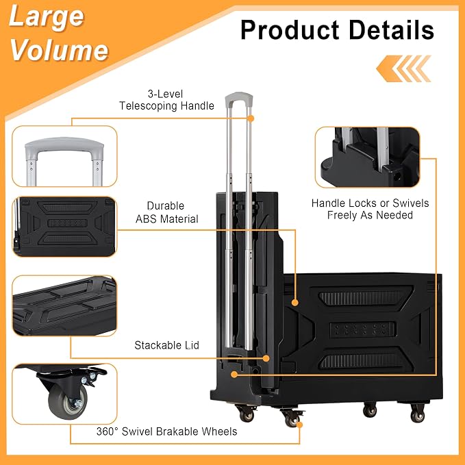 VECELO 88LHeavy-Duty 2-in-1 Foldable Utility Cart, Large Capacity Rolling Crate, Thickened Material with Silent Swivel Wheels, Dual Modes (Basket/Flatbed) for Grocery, Laundry, Camping, Black