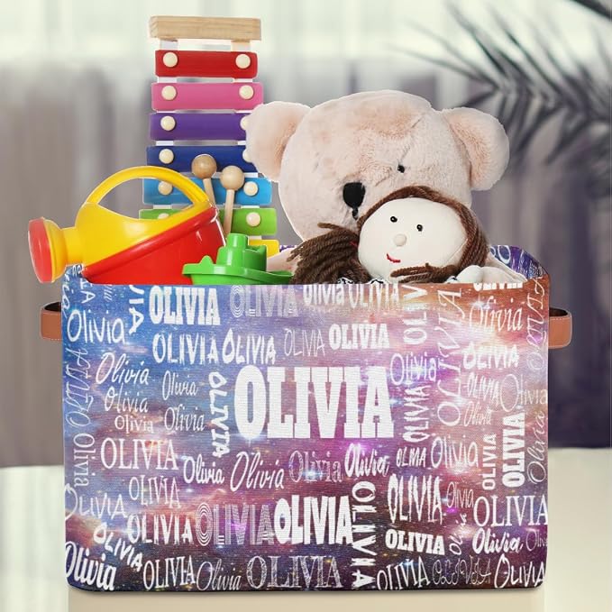Custom Name Storage Basket for Clothes, Books, Purple Galaxy Universe | Organizing Boys Girls Pets Toys Closet Shelf Clothes Books
