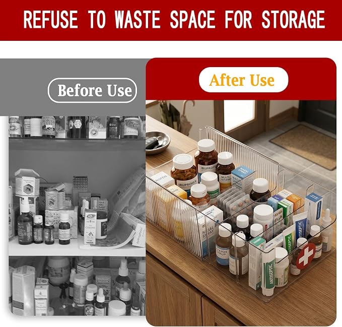 Expandable Medicine Cabinet Organizer, Clear Medication Storage Bin with Removable Divider, Vitamin Bottle Organizer for Countertop Bathroom Cabinet, Prescription Bottle and First Aid Supplies