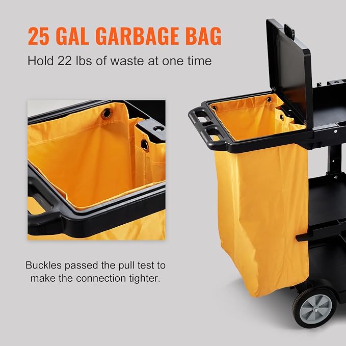 VEVOR Cleaning Cart, 3-Shelf Commercial Janitorial Cart, 200 lbs Capacity Plastic Housekeeping Cart, with 25 Gallon PVC Bag and Cover, 47 x 20 x 38.6in, Yellow&Black