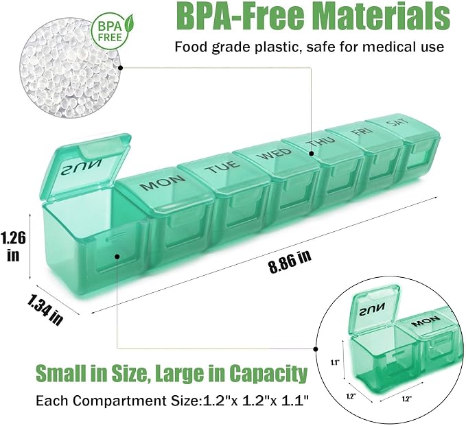 2 Pack Weekly Pill Organizer, Large 7 Day Travel Pill Case (Orange & Green) | Daily Vitamin Case Medicine Box, AM/PM Pill Containers Twice a Day for Medicine Supplements Fish Oil, Portable & Durable