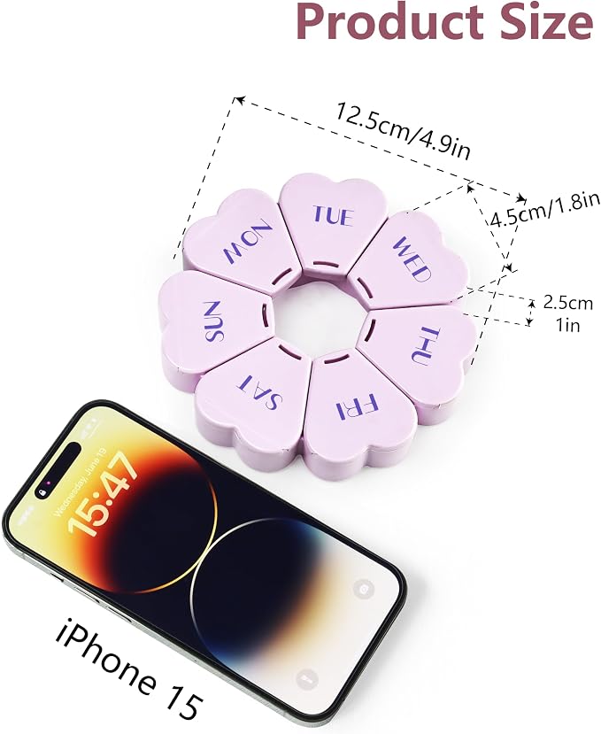 MOLN HYMY Large Weekly Pill Box 7 Day, Cute Pill Case Organizer 1 time a Day, Floral Pill Container Once Daily, Pretty Medicine Dispenser for Vitamin/Fish Oil/Medication/Supplements (Purple)
