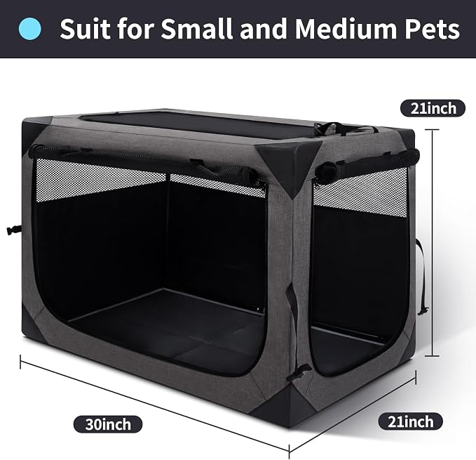Zikopomi 30 Inch Portable Soft Foldable Dog Crate Dark Grey | 3 Zipper Door, Collapsible Soft Pet Kennel, Foldable Dog Cage, for Small and Medium Dogs, Indoor Outdoor Travel