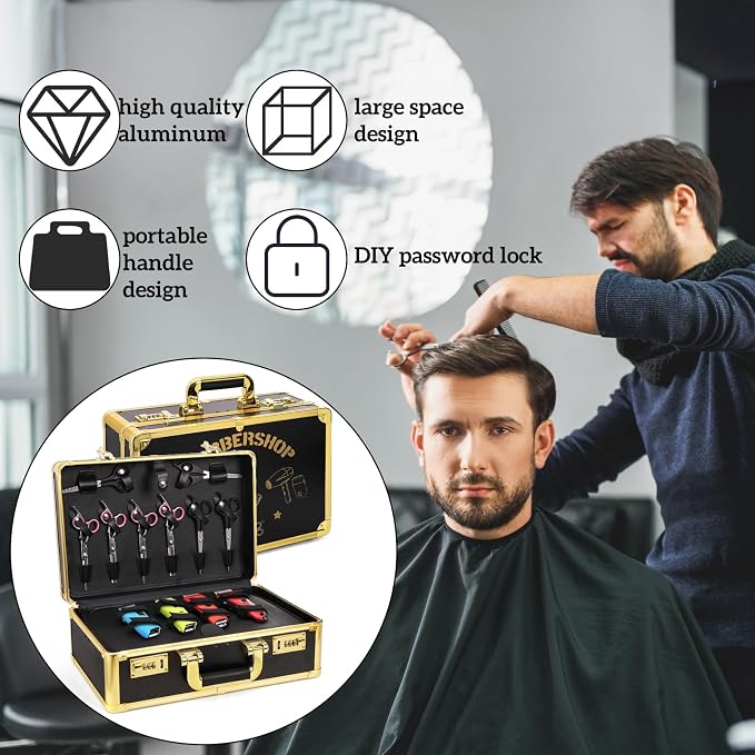 Goaste Professional Barber Supplies Case, 15.7" Barber Carrying Case with Code Lock, Double Layer Hairdresser Tool Box Organizer, Portable Travel Carrying Cases for Hair Stylist & Pet Groomer (Gold)