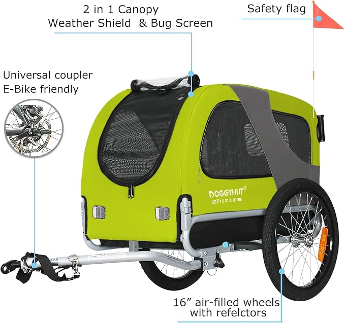 DOGGYHUT® Premium M Pet Bike Trailer & Stroller Up to 50 lbs (Lime Green) | Bicycle Trailer for Small or Medium Dogs, Dog Bicycle Carrier, Low Center of Gravity, Folding Frame Cart