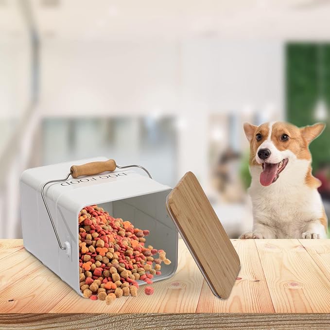 Morezi Metal Dog Food Storage Container 5~6 lbs, Pet Food Treat Canister | Airtight Dog Treat Food Storage Tin with Wooden Lid and Scoop- Powder Coated Carbon Steel- for Dry Dog Cat Food Kibble-White