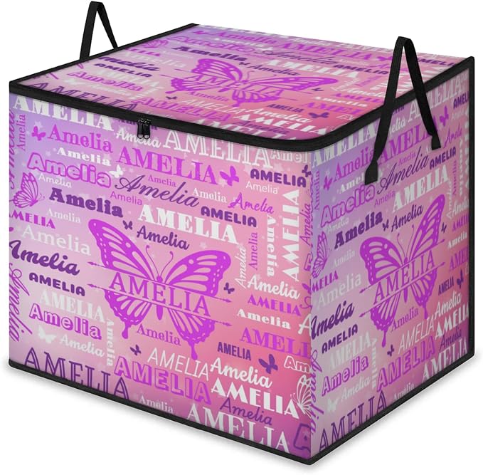 Personalized Extra Large Storage Basket with Lid, Comforters, Watercolor Pink Purple Butterflies Bedding Storage Bin for Home, Collapsible Basket for Clothes, Moving, Car Trunk