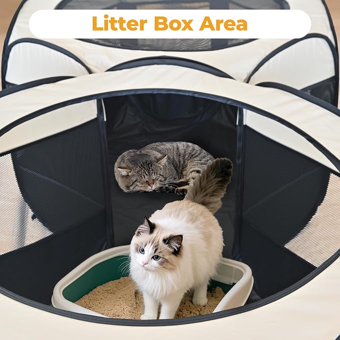 EighteenTek® 2-in-1 Pop Up Cat Playpen, Assembly-Free Dog Puppy Pet Playpen, Indoor Outdoor Cats Enclosed, Cat Tent House Crate Cage, Portable & Foldable Playpen for Kittens(No Divider, Unified Space)