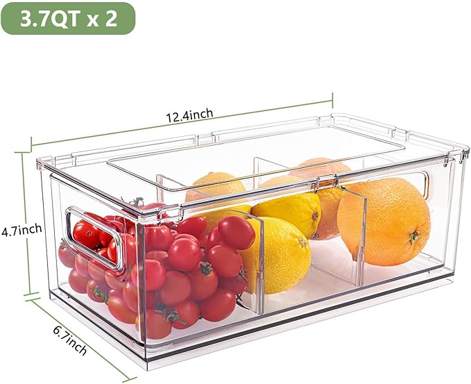 3.7QT Refrigerator Fridge Organizers Storage Bin with Pull-out Drawer,2 Pcs | Plastic Fridge Organizers and Storage with Handle, Stackable Fruit Vegetable Storage Containers for Kitchen Bathroom Pantry