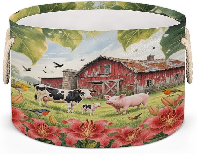Large Storage Baskets - Rustic Barn Farm Animal Nursery Organizer Bin Box with Handles Collapsible Round Laundry Hamper for Kids Toys Pet Blanket, Bedroom Living Room Home Decor Gift Basket
