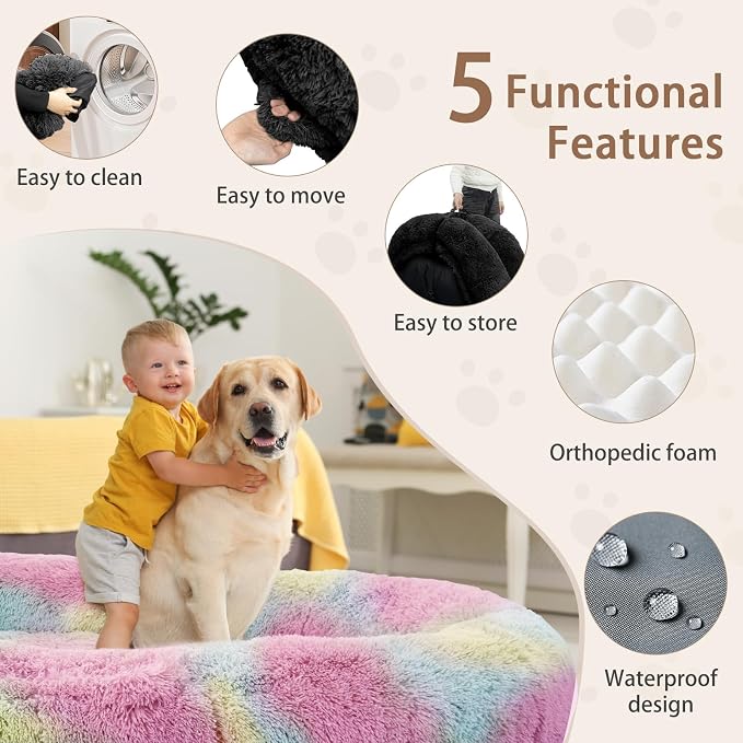 ROOMTEC Human Dog Bed, 78''x51''x12'' Size Fits Adult and Pet Washable Giant People Bed 10 CM Thick Memory Foam Large Oversize Pet Bed with Plump Pillow, Blanket, Strap - Rainbow