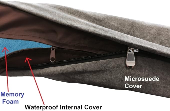 Dogbed4less Orthopedic Gel Infused Memory Foam Dog Bed with Washable Suede Gray Cover and Waterproof Internal Liner, Medium Large
