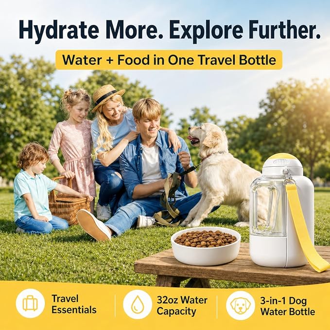 Dog Water Bottle with Food Container, 32oz Leak-Proof 3-in-1 Portable Dog Travel Water Bottle with 10oz Food Storage, Twist Dispensing Pet Water Dispenser for Walking Hiking Camping, White