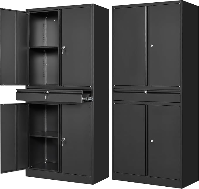 Metal Garage Storage Cabinet with Drawer,4 Door Tool Cabinet with Lock-2 Adjustable Shelves for Garage Home Office Utility Room (Black)