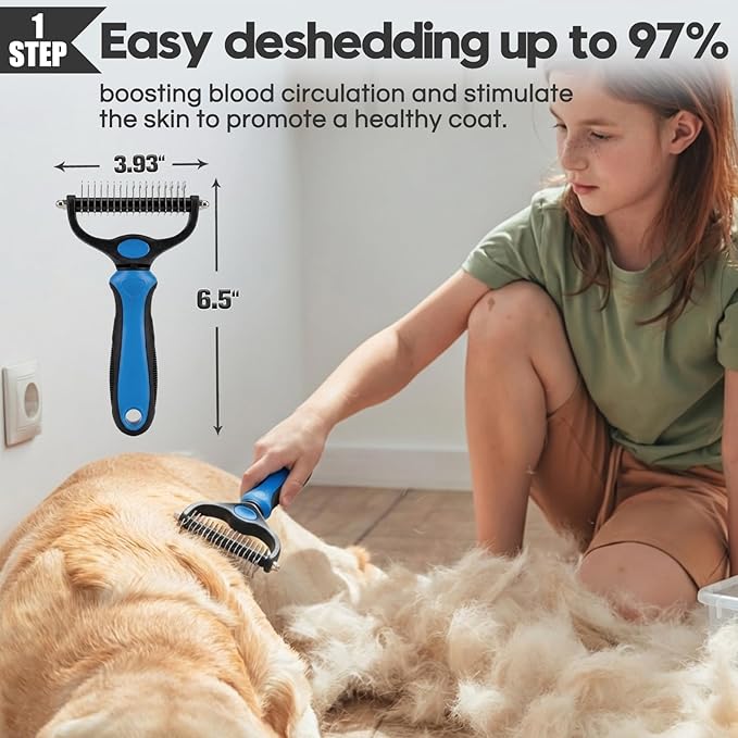 Bonteck Dog Slicker Brush for Dogs Grooming Kit 4PCS | Large Dog Brush for Goldendoodles Poodles Doodles | Long Pin Haired Brush | Poodle Brushes and Comb (Blue)
