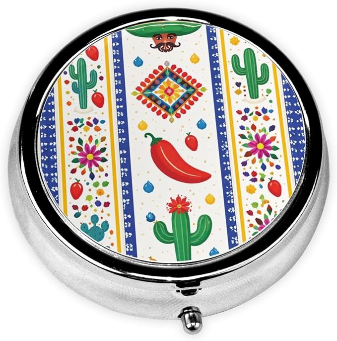 Colorful Mexican Stripe Pepper Portable Pill Organizer | 3 Compartment, With Mirror, For Men Women, For Daily Supplements, Vitamins, Fish Oil, Jewelry, Candy, Travel