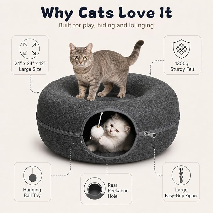 Felt Cat Tunnel for Large Indoor Cats, 24" x 24" x 12" Peekaboo Cave Bed | Dark Grey 24" x 24" x 12" sturdy 1300g felt cave with 7" entrance, rear peek hole, large zipper and hanging ball.
