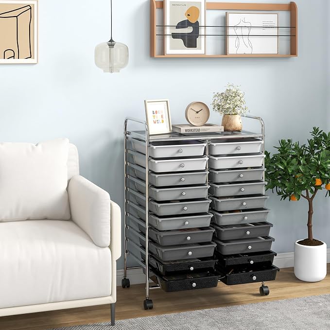 20 Drawer Rolling Storage Cart, Art Cart Organizer with Wheels for Makeup, Tool, Paper, Multipurpose Craft Storage Cart with Drawers for Office, Home, Classroom, School (Gradient Grey)