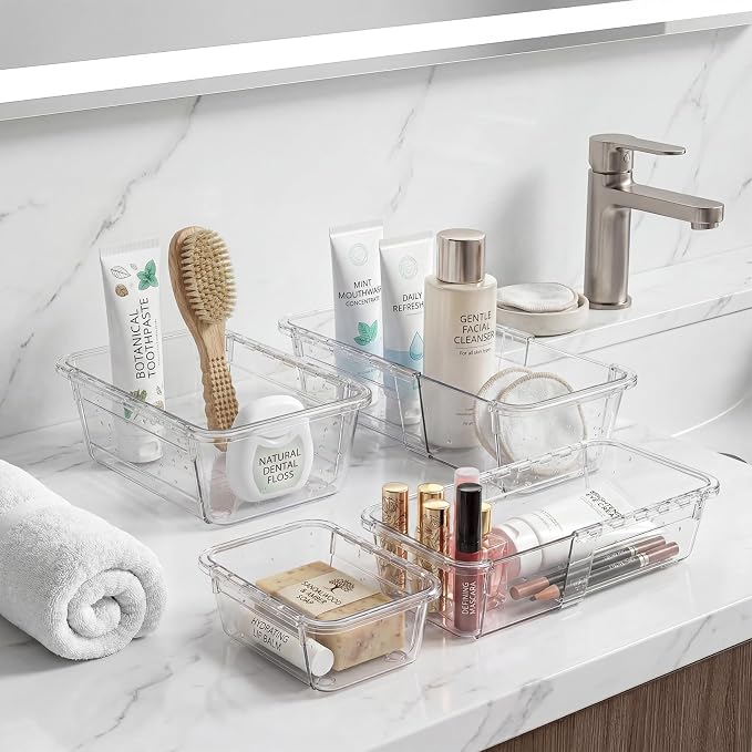 PrecisionAuto Expandable Drawer Organizer Set | Clear PET Plastic Desk Dividers for Office, Kitchen, Bathroom, and Vanity, Adjustable, Multi-Size Storage Bins Space-Saving