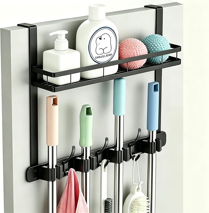 Over the Door Heavy Duty Metal Broom & Mop Holder, No-Drill Cleaning Supply Organizer with 4 Grips, 3 Hooks & 1 Storage Basket for Laundry Room & Garage