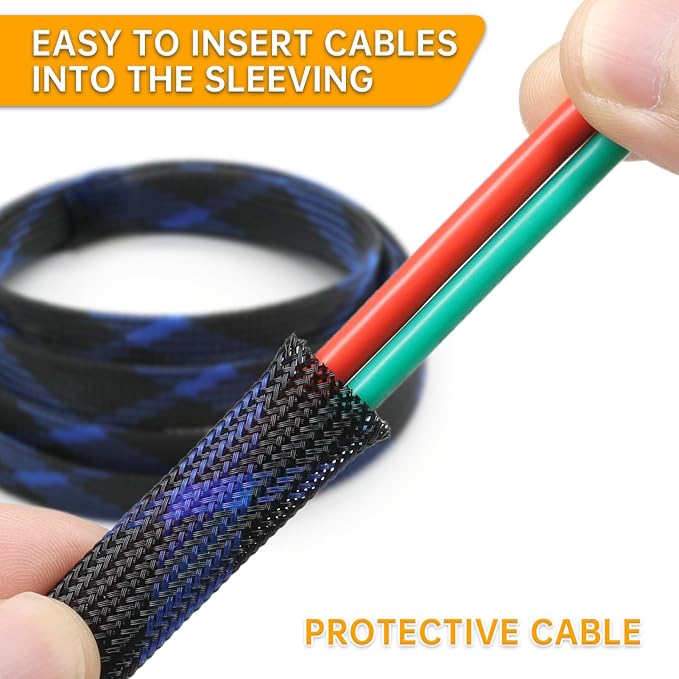 Braided Cable Sleeve, 33ft Expandable Wire Loom for Automotive Wiring Harness & PC Case, Pet-Proof Chew Resistant Cord Protector, Flexible Cable Management (Black-Purple, 6mm (1/4"))