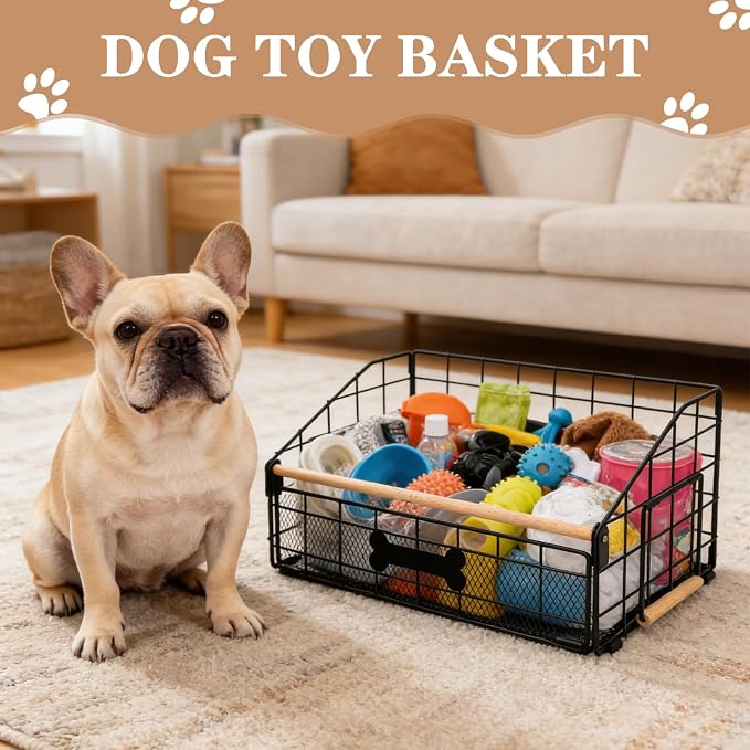 16.5" Metal Dog Toy Basket With Wooden Handle for Living Room Area | Trapezoid Storage Bin for Puppy Chew Toys, Indestructible Organizers and Storage for Pet Supplies, Clothes