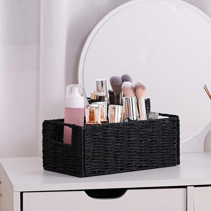 Vagusicc Wicker Storage Basket, Set of 2 Hand-Woven Paper Rope Wicker Basket, Small Storage Baskets for Organizing Toilet Paper Basket, Foldable Large Cube Storage Organizer Bins for Shelves (Black)