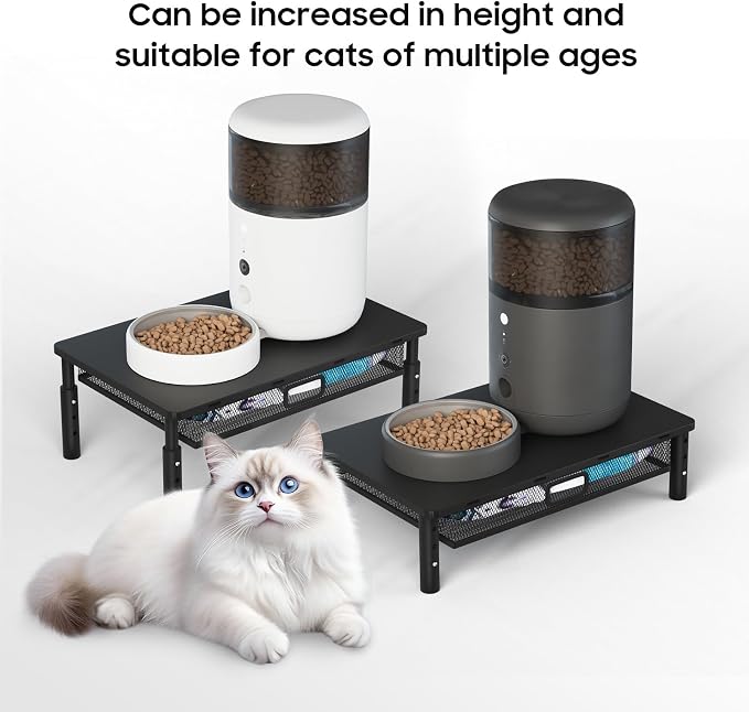 W‌SOWX Adjustable Automatic Cat Feeder Stand, Elevated Cat Food Stand,Black | With Drawer and Cat Food Mat,Raises Feeder/Bowls by 4.1"/4.9"/5.7",Relieves Spine and Joints Noticeably on Pets-Sturdy Metal