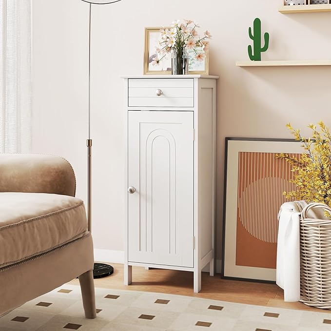 GLACER Floor Storage Cabinet, Bathroom Storage Cabinet (White) | 2 Adjustable Shelves | Ideal for Bathroom, Living Room | 14 x 12 x 34.5 inches