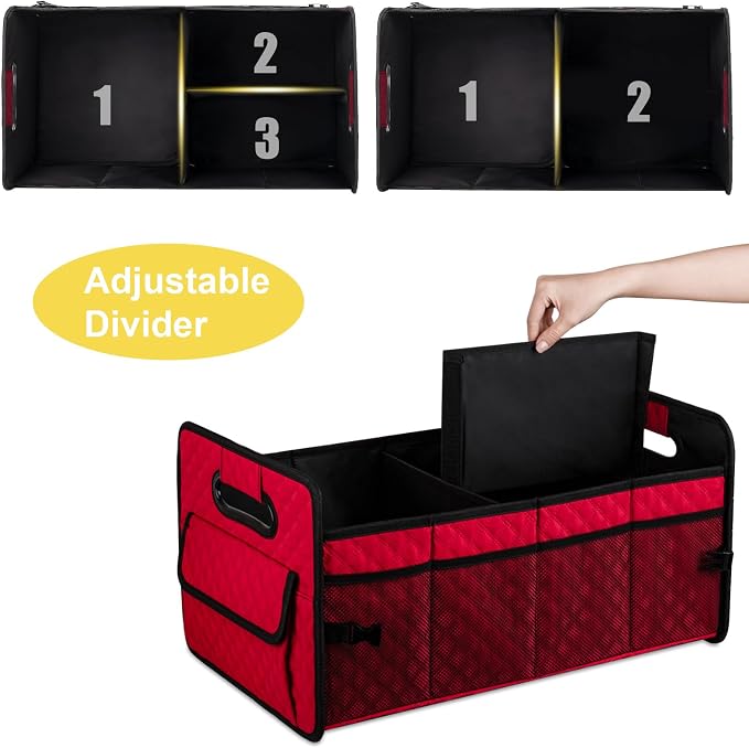 JiatuA Car Trunk Organizer for SUV, Collapsible Car Storage Organizer Red | Sturdy, Large Capacity, Diamond Decor, Multi Compartment Container Box Adjustable Car Accessories for Sedan Truck