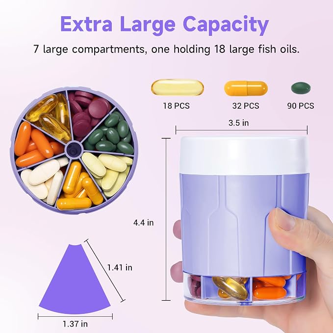 Daviky Pill Bottle Organizer, 7 Large Compartments, Travel Pill Dispenser | Seven large compartments organize daily pills, vitamins and supplements, with dual lids for convenient storage and travel