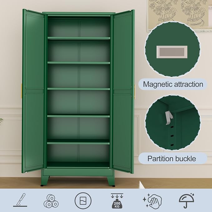 Green Metal Storage Cabinet,75" Steel Cabinets for Home Office | Kitchen Pantry Storage Cabinet with Doors and 5 Adjustable Shelves, Tool Cabinets, for Office, Home, Garage, School
