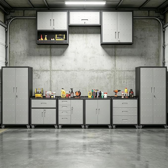 Metal Garage Cabinets and Storage System, 9-Pcs Tool Cabinet Set in Gray | Including 3 Pcs Wall Cabinets 6 Pcs Garage Tool Cabinets with Wheels,Assembly Required
