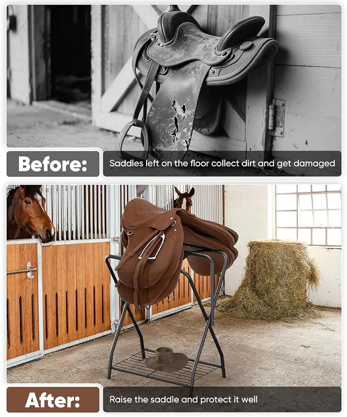 Queension Foldable Saddle Rack with Bottom Storage for Horse Stable, Black | Portable Horse Saddle Stand for English & Western Saddles, Saddle Pad Rack for Horse tack, Horses Blanket